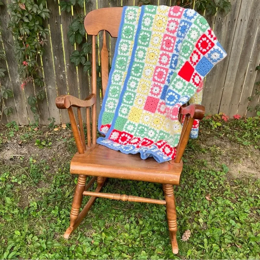 Vintage Colorful Granny Square Crocheted Throw Blanket 48x66